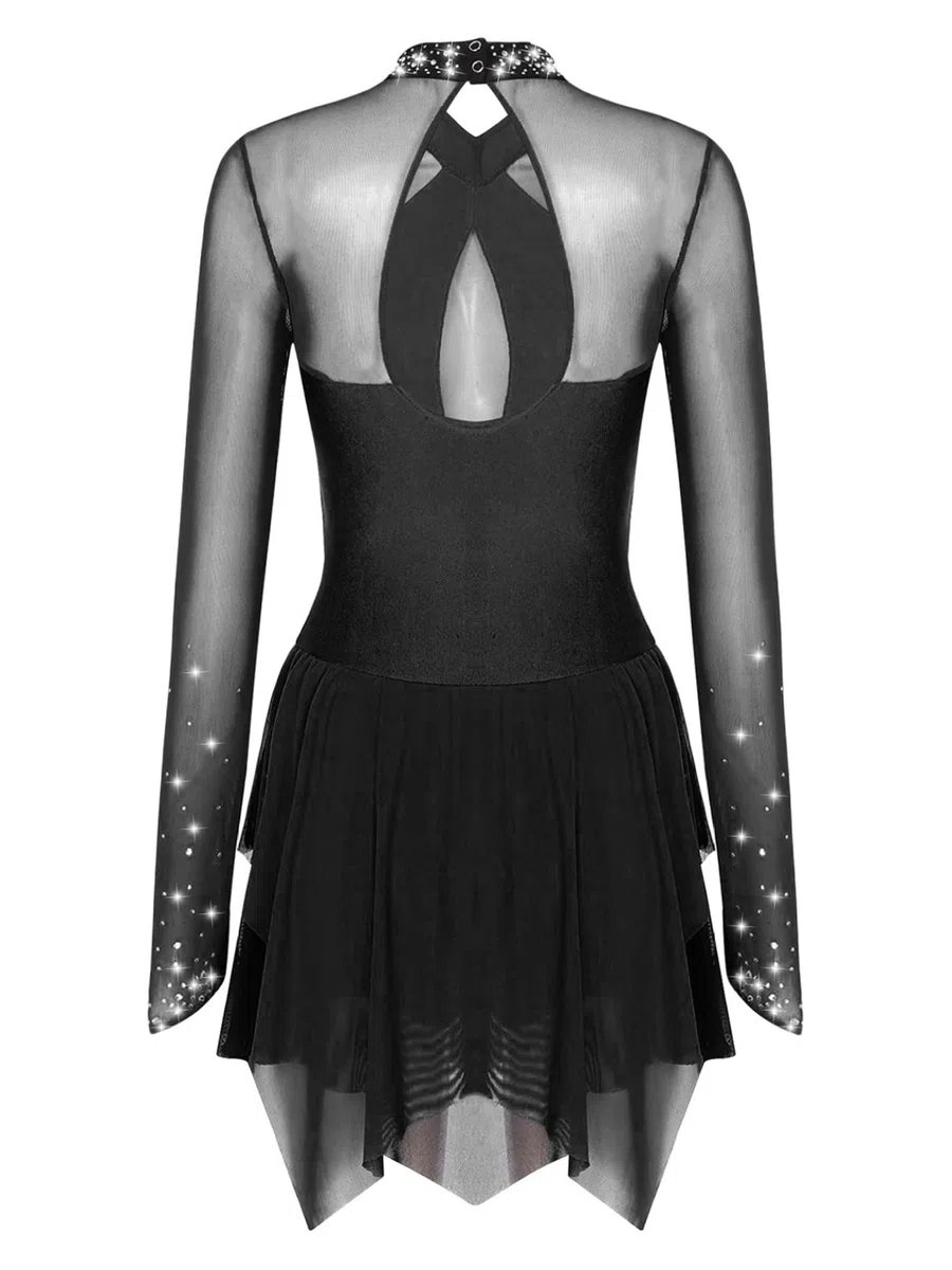 Akrobatin Kostüm Damen Eislaufkleid Langarm Rollschuhkleid Strass Gitzer Tanzkleid Wettbewerb Performance Bekleidung