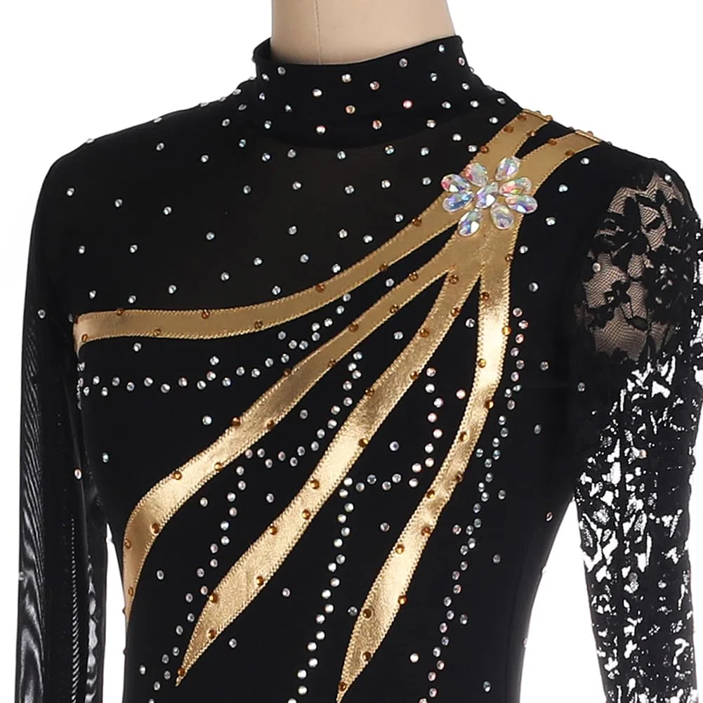 Eiskunstlauf Kleid Mädchen, Handmade, Schwarz, Mesh, Spitze, Langarm, Strass, Kürkleid Rollkunstlauf Kostüme Wintersport Professional Tanzkleider