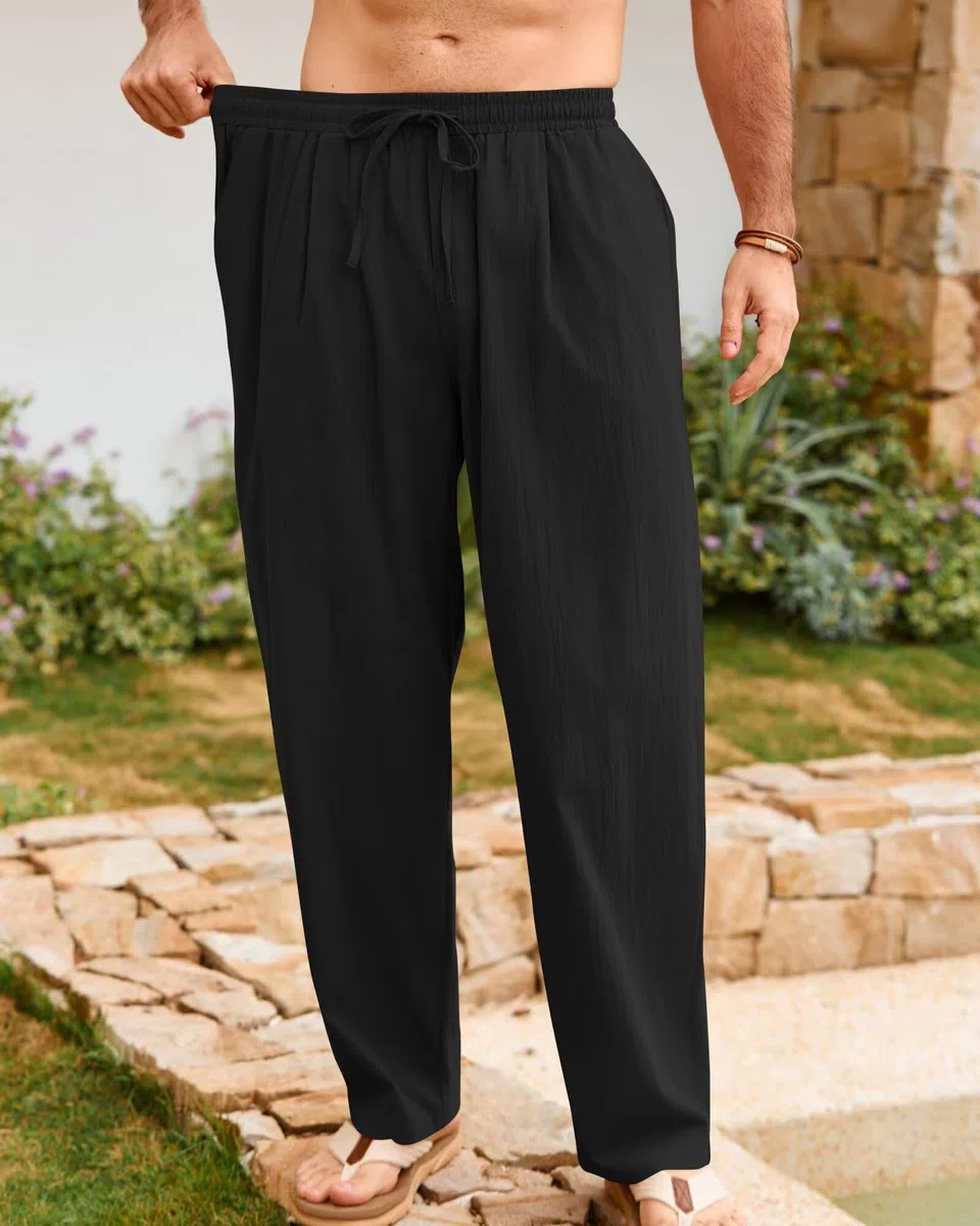 Elainone Herren Sommerhose Baumwolle Leichte Freizeithose mit Kordelzug Taschen Loose Fit Bequeme Strandhose
