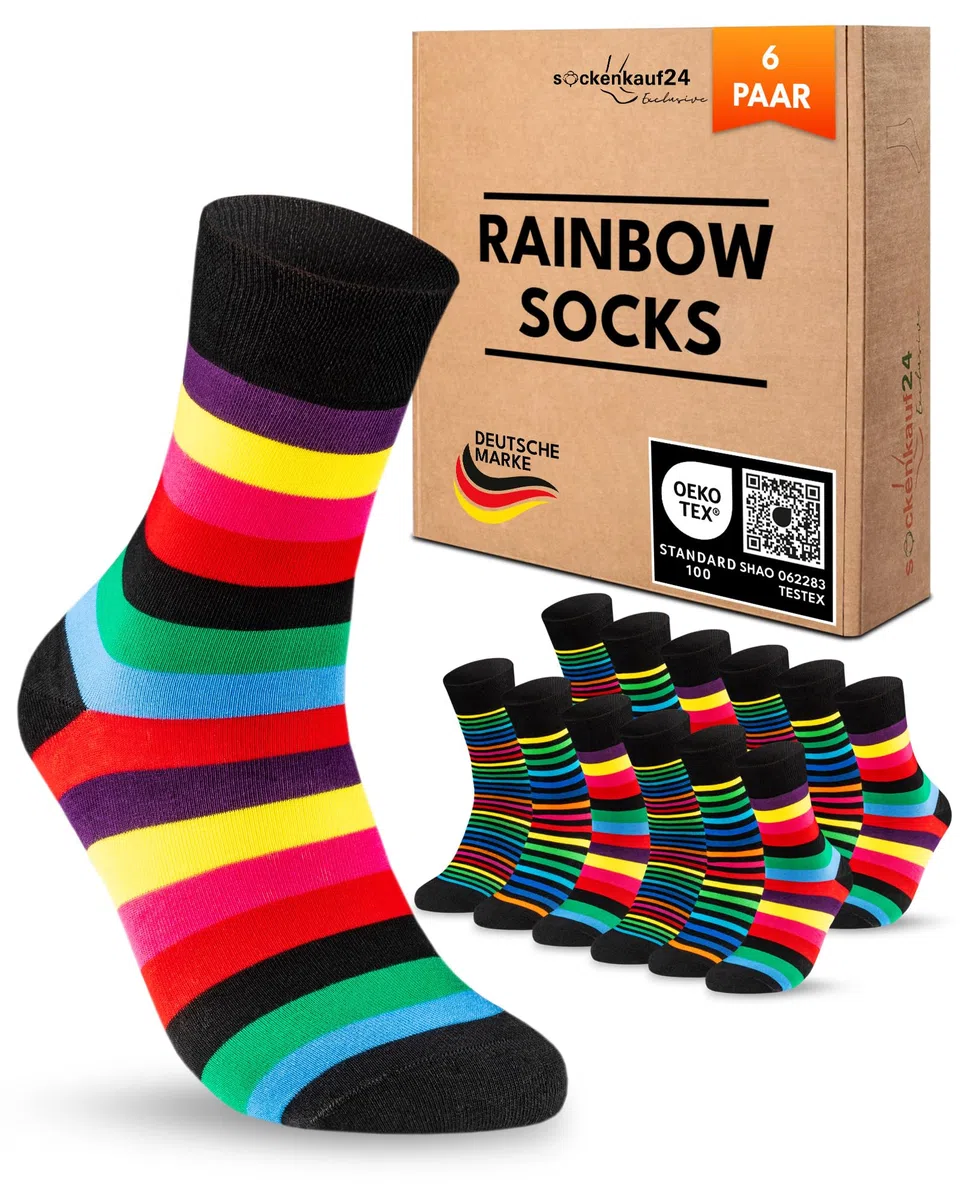 Damen Socken Ringel Bunt Geringelt Baumwolle mit Komfortbund ohne Naht (6 oder 12 Paar)