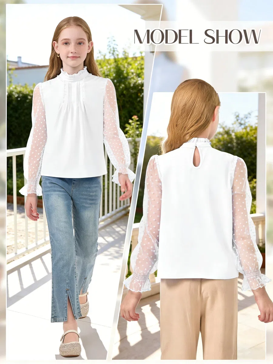 Rolanko Mädchen Langarmshirt Chiffon Blusen Rüschenkragen Puffärmel mit Schweizer Punkten Niedliche Oberteile