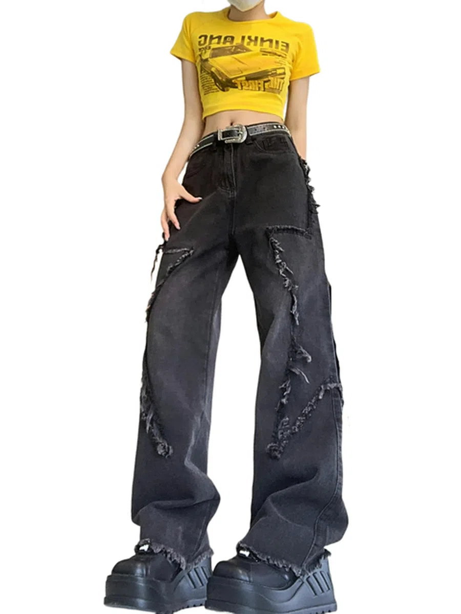Schwarz Grau Vintage Star Jeans für Frauen Herbst Korsett Casual High Wasit Hosen für Frauen Koreanische Mode Jeans Y2k Streetwear-Schwarz-S