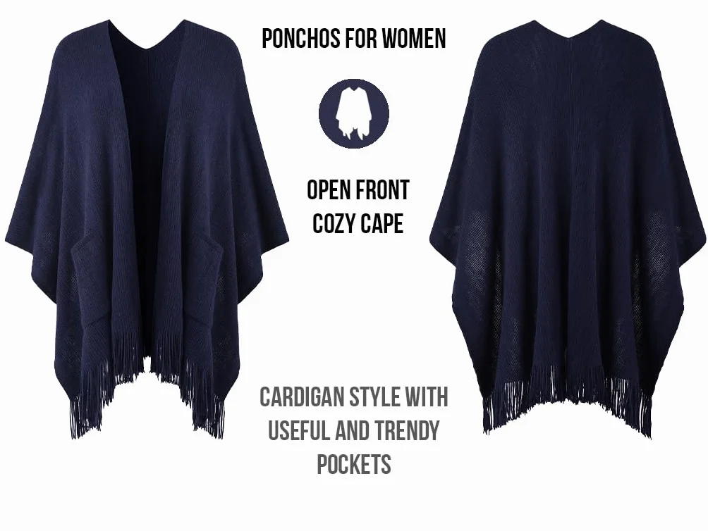 Ferand Damen Poncho mit Offener Vorderseite und Taschen, Weiche Strick Cape mit Fransen für Herbst Winter