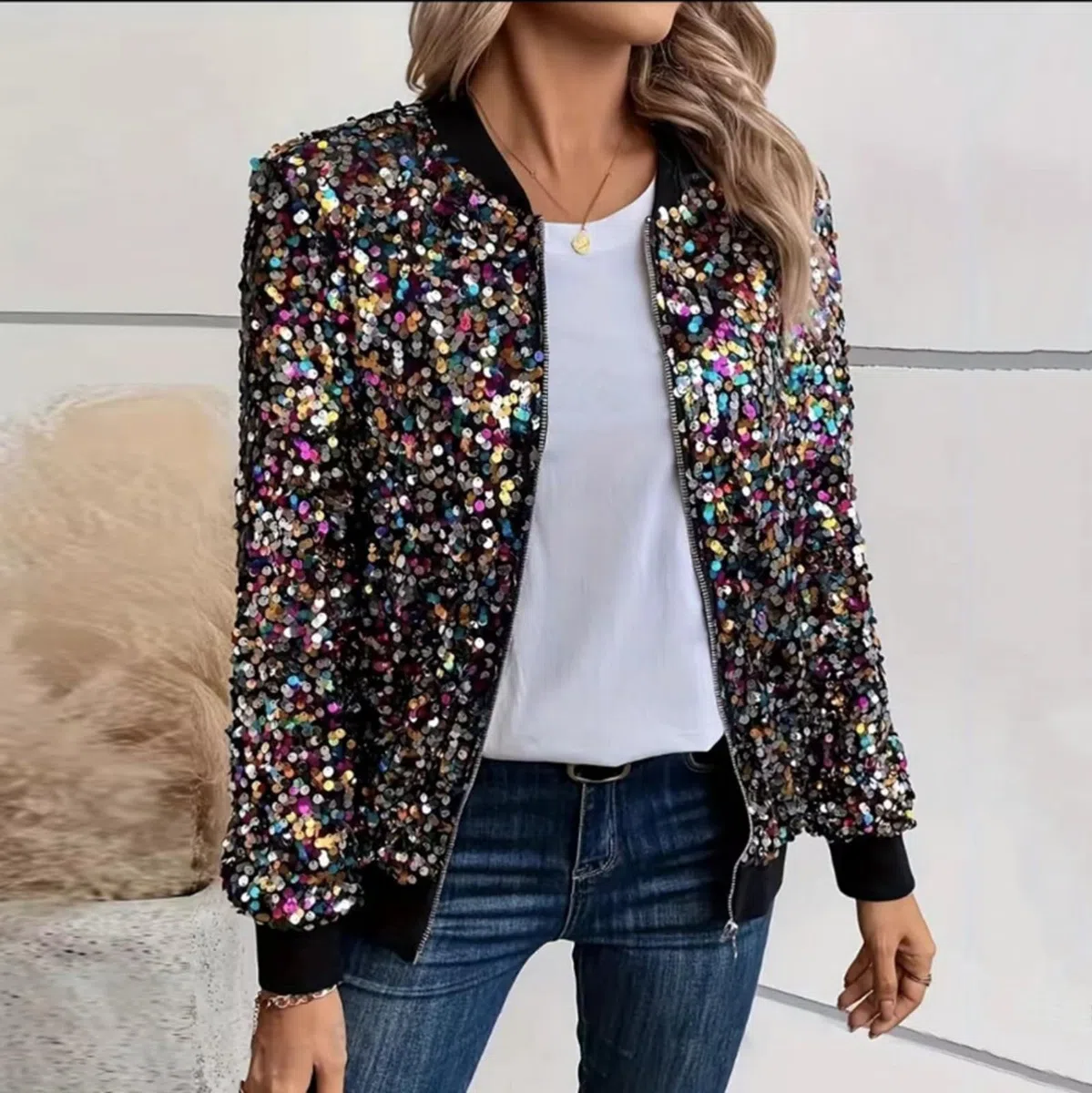 Pailletten Jacke Damen mit Reißverschluss Glitzer Bomberjacke Bolero Elegant Jacken Festliche Disco Kostüm Langarm Casual Pailettenjacke Slim Fit Winter Streetwear Top Glitzertop für Rave Party