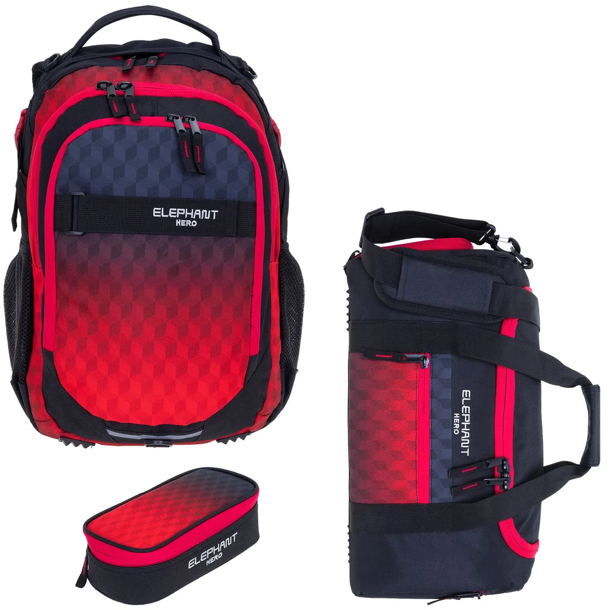 Elephant Schulrucksack Rucksack 3tlg.Set 12868 Red Cube +rsm | 3 Teile Bag Pack Rucksack Schultasche Sporttasche Mäppchen Box Schule Jungen Mädchen Laptopfach Rot Schwarz