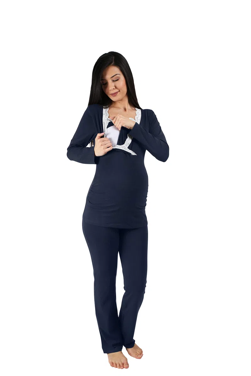 M.M.C. Still-Pyjama Set mit Spitze für Damen - Umstandspyjama Schlafanzug Nachtwäsche für Schwangerschaft und Stillzeit mit Stillfunktion, Langarm