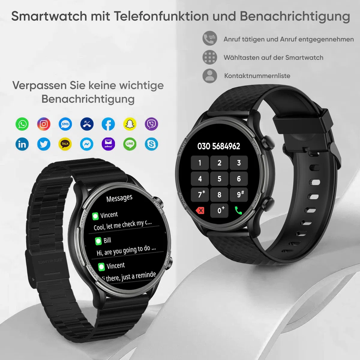 Android Smartwatch Herren Rund Metallarmband - Smartwatch Herren mit Telefonfunktion Whatsapp funktion Blutdruckmessung Schrittzähler Sprachassistenten-Funktion Fitness tracker mit 3 Uhrenarmbändern