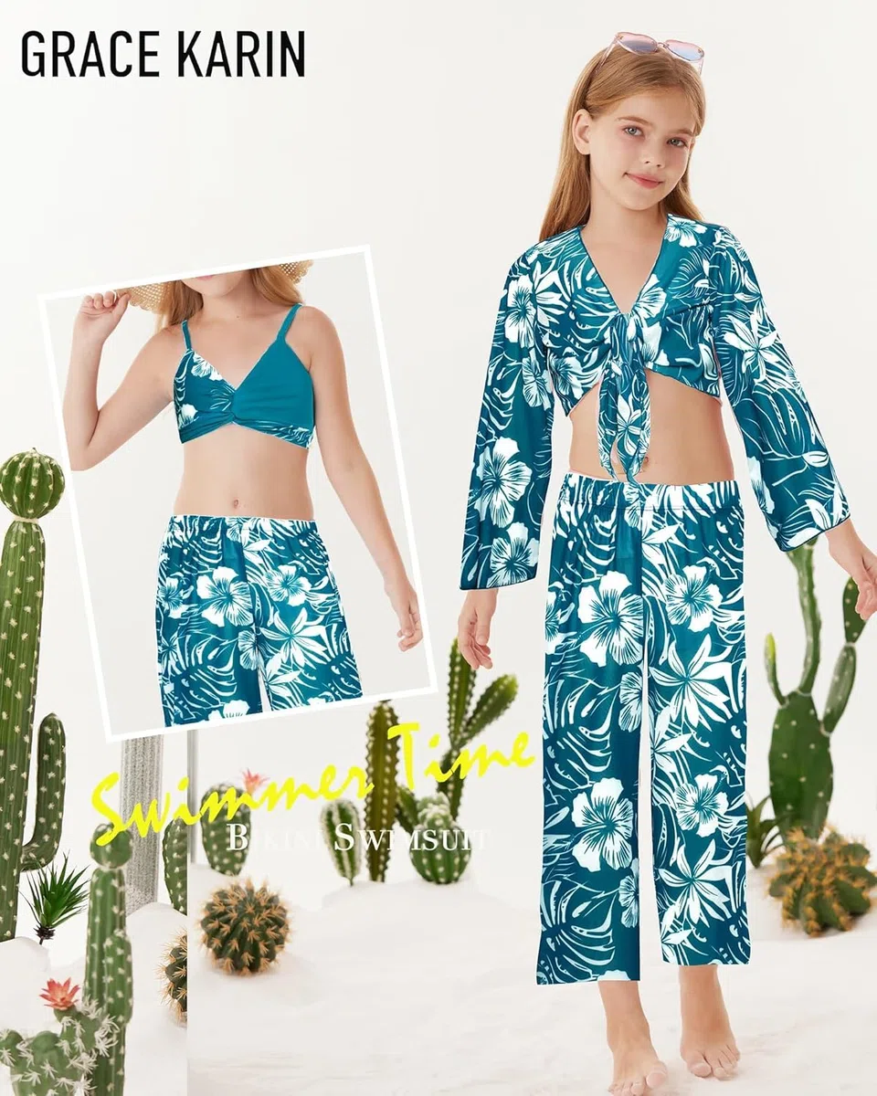 GRACE KARIN Badeanzug für Teenager, Mädchen, 4-teilig, langärmelig, Kimono, Hose, Bikini, Tankini-Set