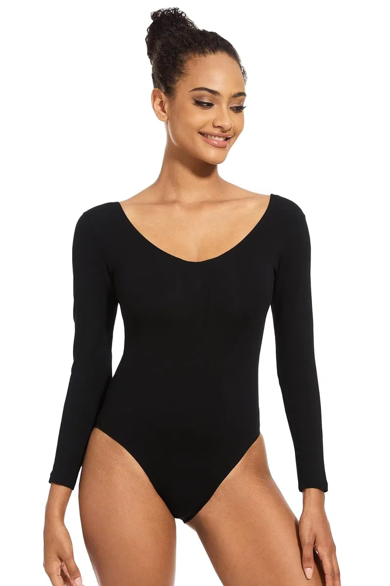 Ballett Trikot Schwarz,Erwachsene Langarm Baumwolle BallettTrikot Tanz Body fur Damen