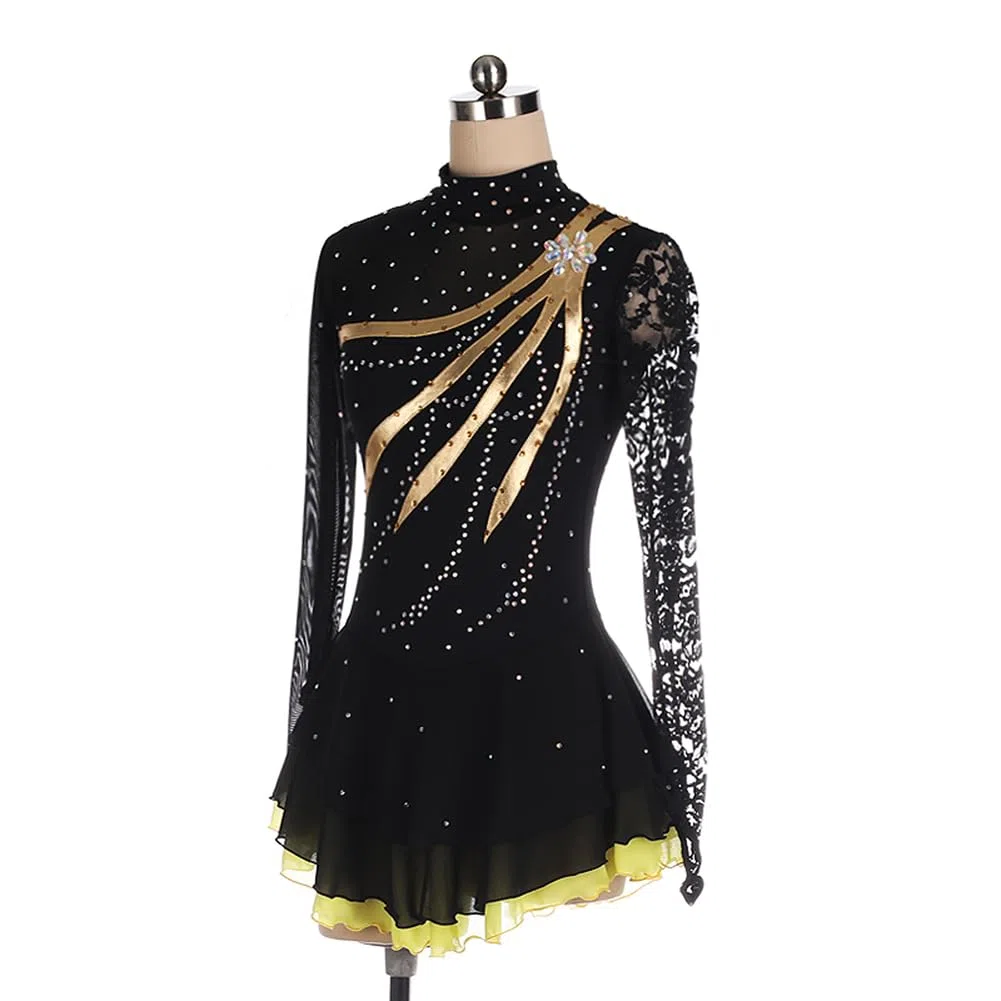 Eiskunstlauf Kleid Mädchen, Handmade, Schwarz, Mesh, Spitze, Langarm, Strass, Kürkleid Rollkunstlauf Kostüme Wintersport Professional Tanzkleider