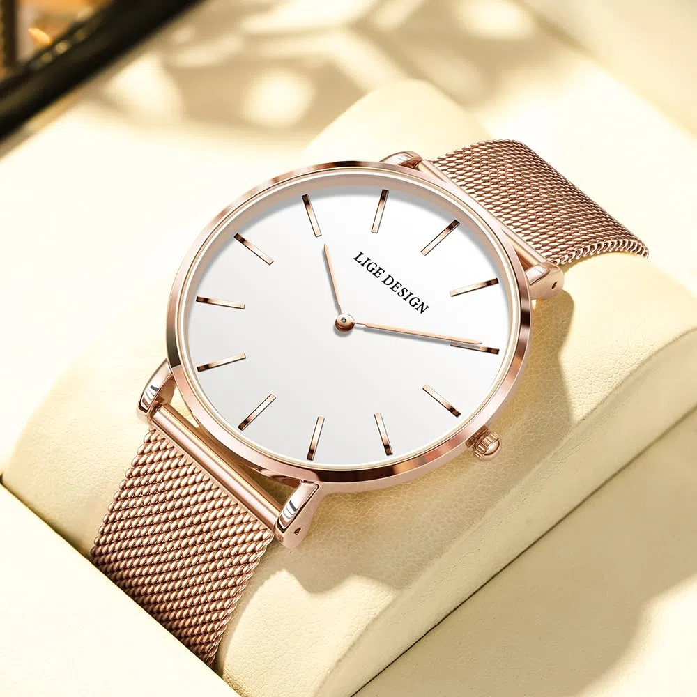 LIGE Uhr Damen, Analog Quarz Armbanduhr Damen, Ultradünn Großes Zifferblatt, Edelstahl Wasserdicht, Damenuhr Fur klassischen Modischen Schlicht Stil