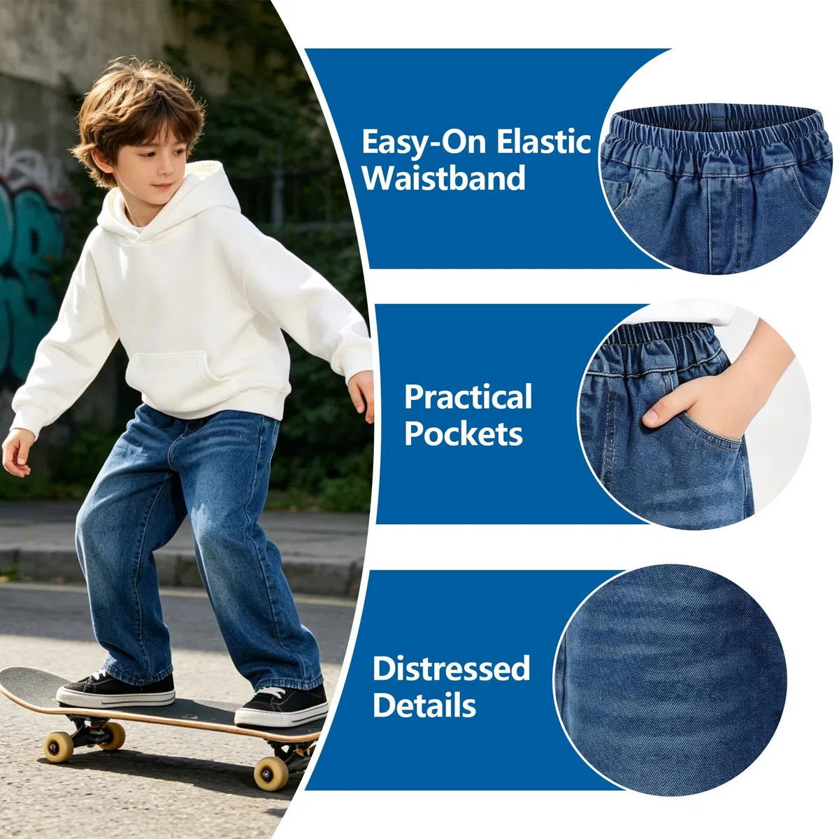 Jeans Jungen Kinder Gerade Baggy Jeanshose Loose Fit Denim mit Elastischem Bund Relaxed Denimhose Lässige Blau Hosen Mode Stretch Breite Streetwear Pants für 5-14 Jahre, Gr.116-164