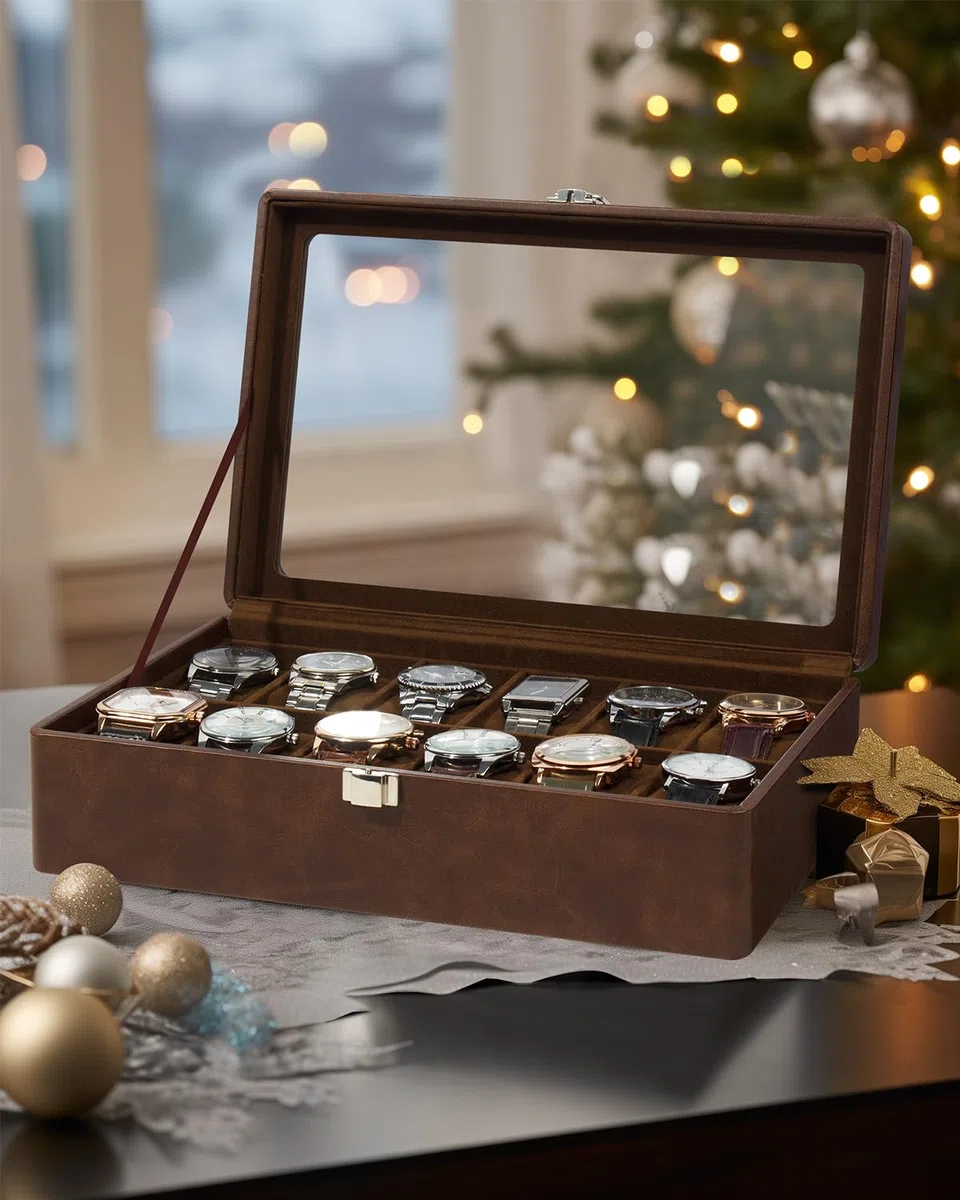 Uhrenbox mit 12 Fächern, Uhrenkasten mit Glasdeckel, Watch Box mit herausnehmbarer Unterlage, Metallverschluss, Geschenk, Braunes Kunstleder, Braunes Innenfutter