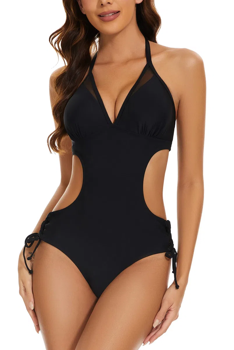 Einteiliger Damen-Badeanzug mit Neckholder-Ausschnitt, Netzstoff, Monokini