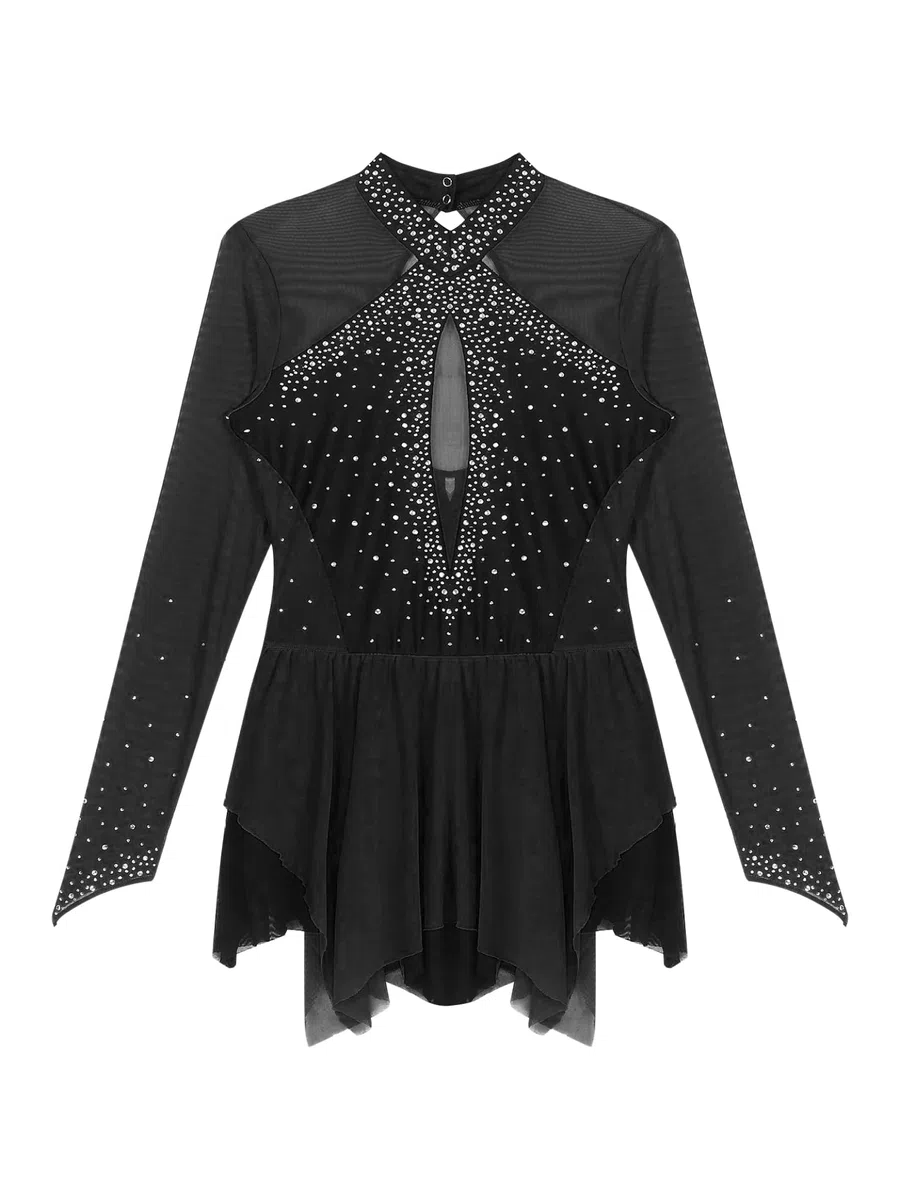 Akrobatin Kostüm Damen Eislaufkleid Langarm Rollschuhkleid Strass Gitzer Tanzkleid Wettbewerb Performance Bekleidung