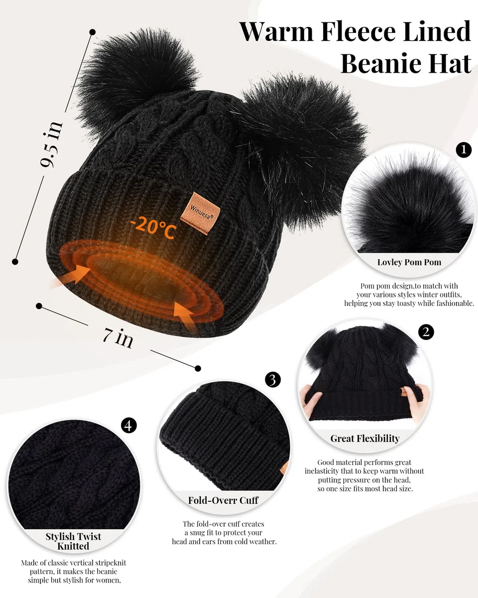 Winuesa Mütze, Schal & Handschuh-Sets für Damen, Beanie Mütze Damen Winter mit Bommel Fleece Gefütterte, Touchscreen Handschuhe Schal 3 in 1 Geschenk Set(Haferflocken)