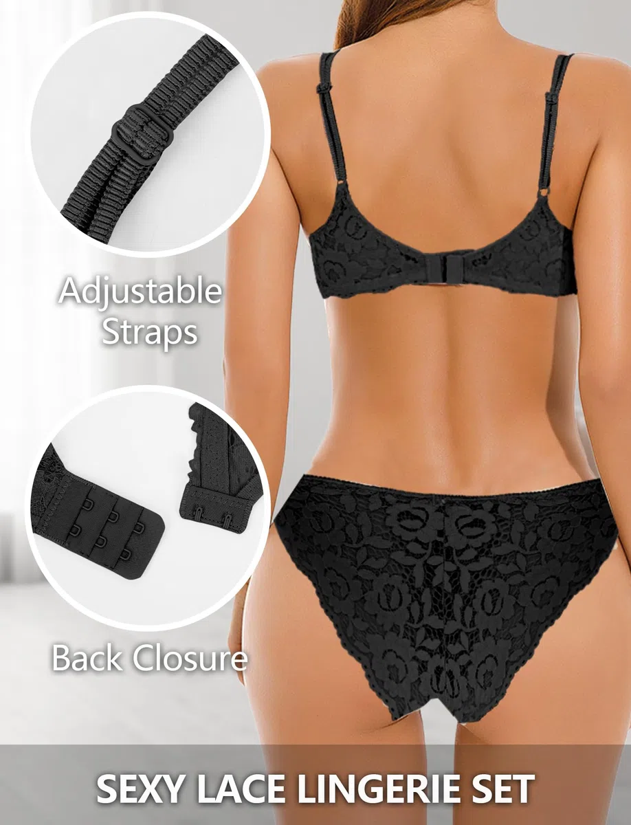 SEAUR Damen Spitzen-Lingerie-Set Blumenmuster Sexy Unterwäsche-Set Dickem Körbchen Push-up-BH mit Slip 2-teilig