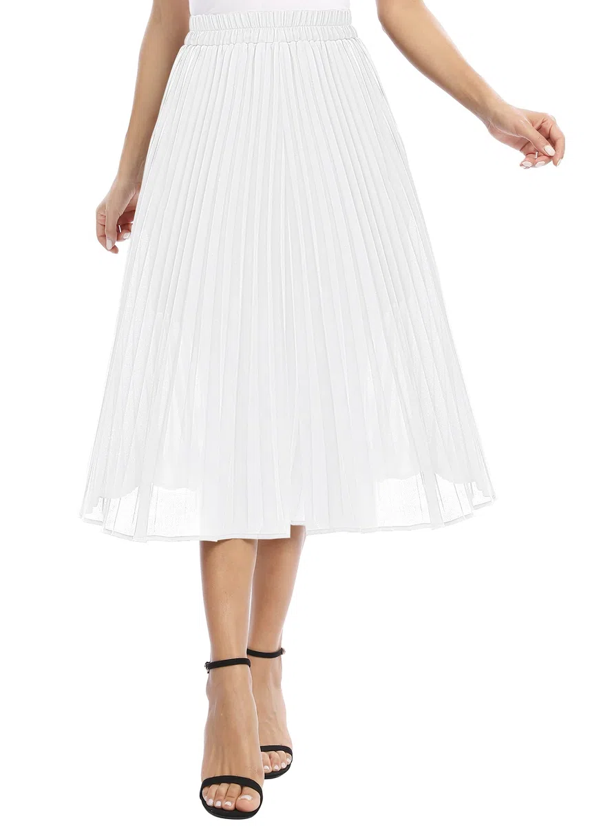 EXCHIC Damen Fließender Chiffon Elastisch Taille Midi Rock Freizeit A-Linie Knielange Falten Rock mit Tasche