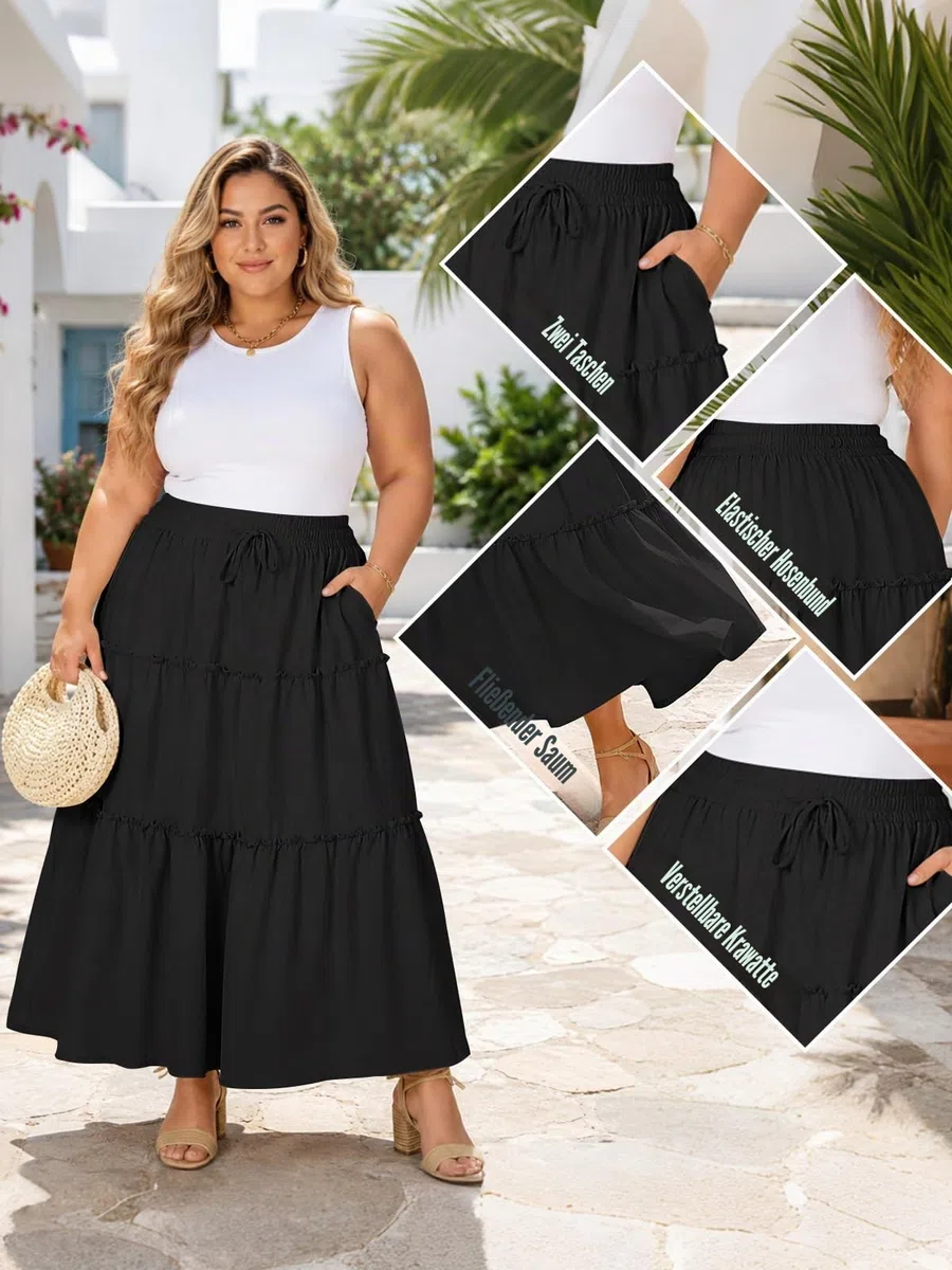 Moon Wood Damen Sommerrock Langer Rock Maxirock Stretch Hohe Taille Plisseerock mit Taschen Große Größen