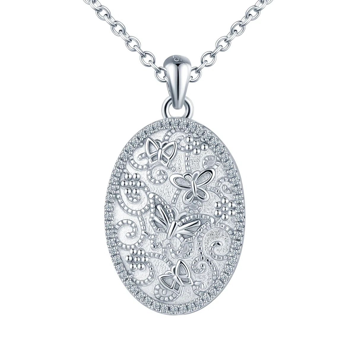 Damen Foto Medaillon Halskette 925 Sterling Silber Kette Elliptische Schmetterlinge Muster Anhänger