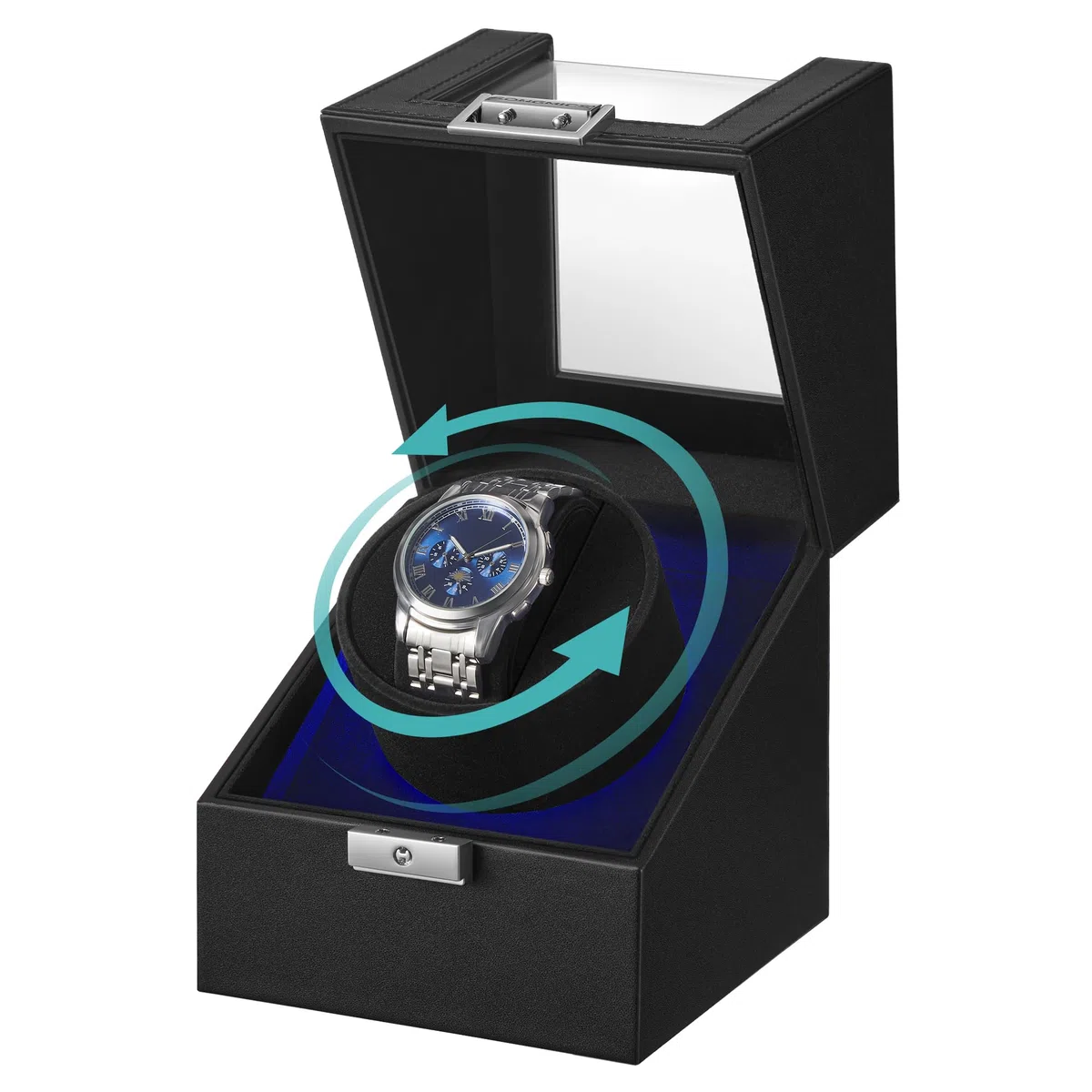 SONGMICS Uhrenbeweger, Automatik Uhrenbeweger 1 Uhr, Uhrenbox, Premium-Motor, mit LED-Licht, verstellbarem Uhrenkissen, Schloss, 4 Rotationsmodi, USB-C-Ladekabel, schwarz JWB030B01