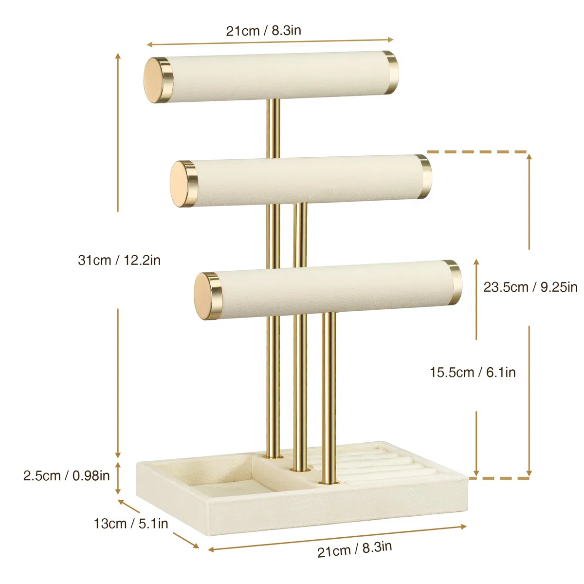 Josmimic Schmuck Organizer mit 3 Ebenen - Beige Schmuckständer Armbänder, Abnehmbarer T-Steg Schmuck Ständer, Samt-Armbandhalter, Schmuckhalter für Armband, Halskette, Uhren, Ringe