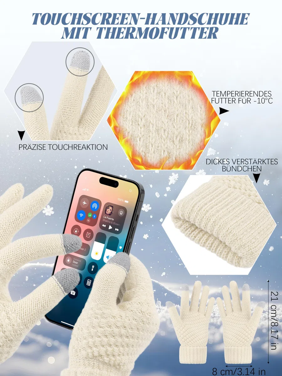 VZV 4-in-1 Winter-Set für Damen, Bommelmütze, Touchscreen-Handschuhe, Strickschal, Fleece-Ohrenschützer