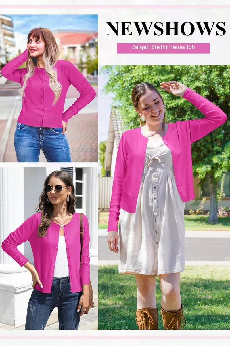 Newshows Damen Leichte Strickjacke Langarm Klassisch Rundhalsstrickjacke Casual Cardigan Strickmantel mit Knöpfen