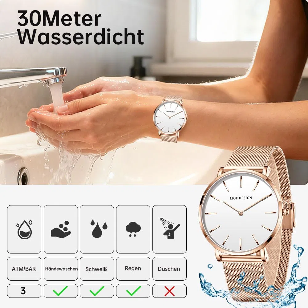 LIGE Uhr Damen, Analog Quarz Armbanduhr Damen, Ultradünn Großes Zifferblatt, Edelstahl Wasserdicht, Damenuhr Fur klassischen Modischen Schlicht Stil