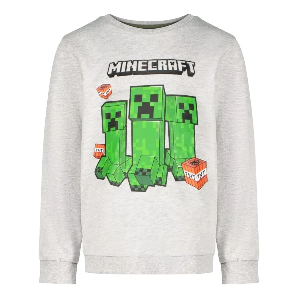 Minecraft Creeper TNT Kinder Pullover – Gamer Jungen Sweater – Grau – Größen 116 bis 152 – Baumwolle & Polyester