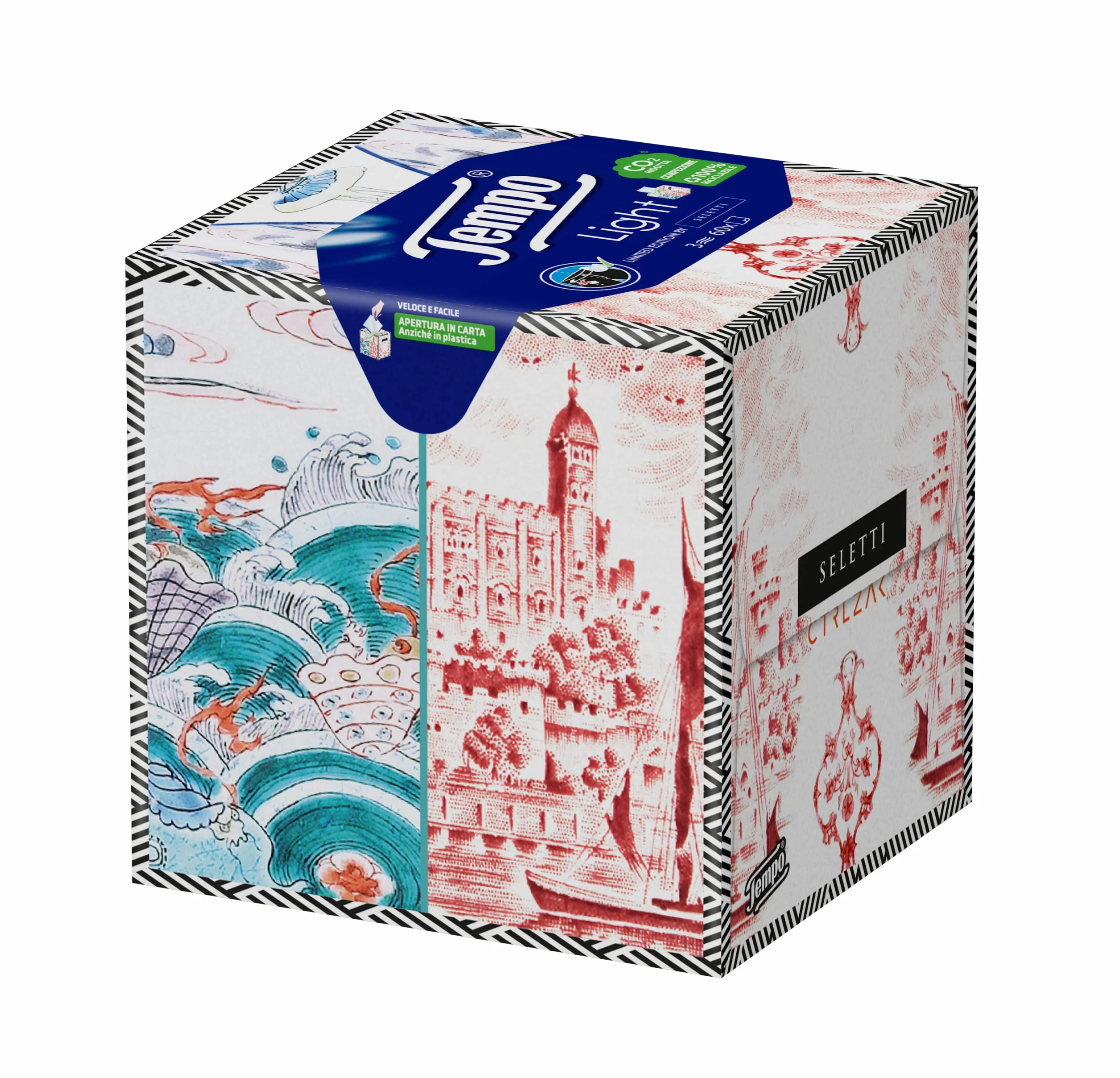 Tempo Taschentücher Box Light - 3-lagig - 12 Packungen mit je 60 Taschentüchern in 4 verschiedenen Grafiken