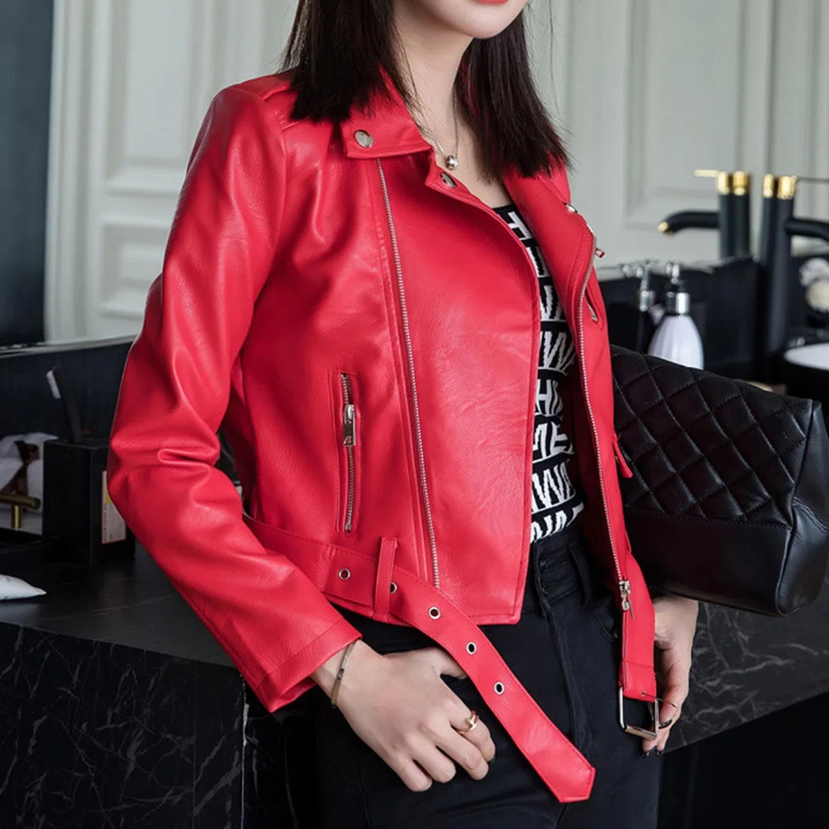 Damen Lederjacke mit Kurze Leichte Kleiner Anzug Slim Kunstlederjacke Casual Frühling Sommer Bikerjacke