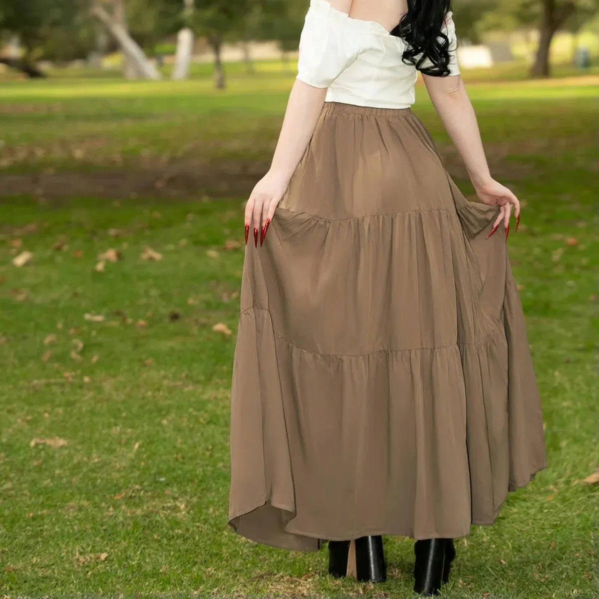 Damen-Stufenrock, elastisch, hohe Taille, Swing-Rock, Vintage-Damenrock, unregelmäßiger Saum, Volants, Lange Röcke, Persischgrün, XXL