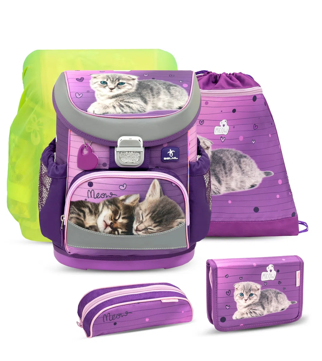 Belmil ergonomischer Schulranzen Set 5-teilig mit Regenschutz 1, 2 Klasse Grundschule/Super Leicht 800-860 g/Brustgurt 405-33/AG/S/R (Little Caty 2)