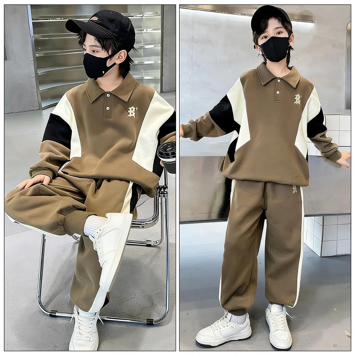 Trainingsanzug Kinder Jungen Jogginganzug mit Buchstabenstickerei Sportanzug 2tlg Sweatshirt mit Kragen + Hose für Frühjahr Herbst