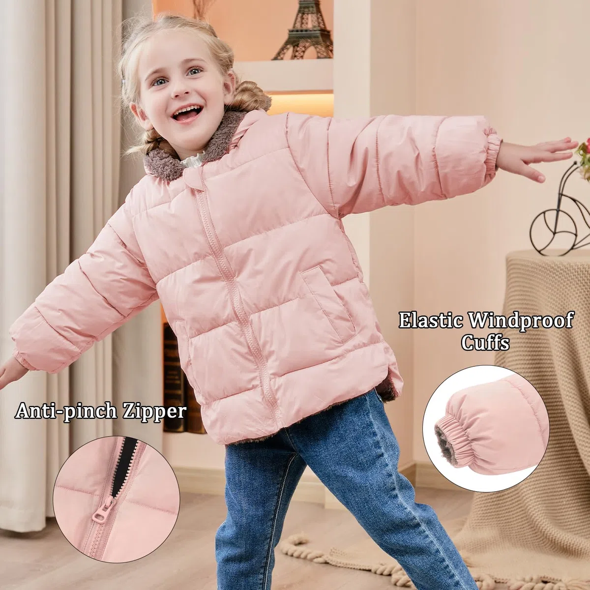 kids4ever Baby Jacke Jungen Mädchen Winter Mantel Niedlich Plüsch Bärenohren Winterjacke Reißverschluss Kapuzenjacke mit Taschen 6 Monate-5 Jahre