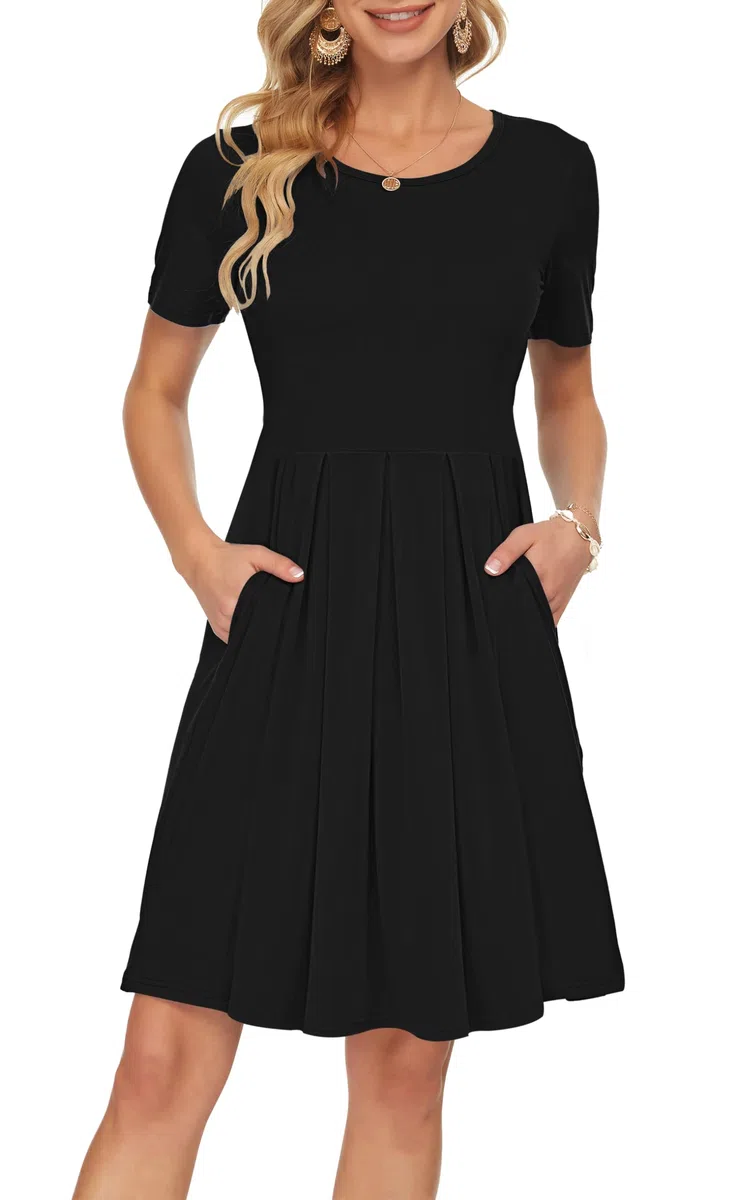 AUSELILY Damen Kurzarm Plissee Loose Swing Freizeitkleid mit knielangen Taschen