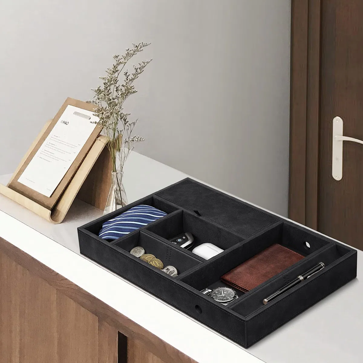 SITHON Taschenleerer Tisch Organizer, 8 Fächer Tablett Ablage Aufbewahrungsbox Kunstleder Nachttisch Kosmetiktablett Münzbox Schlüssel Schmuck Organizer, Schwarz