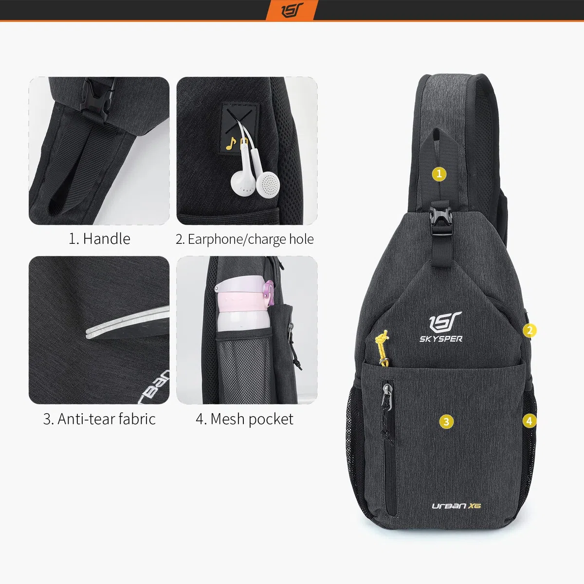 SKYSPER Schultertasche Brusttasche Leichte Sling Bag Klein Wasserfest Crossbody Umhängetasche zum Wandern Outdoor Sports Reise