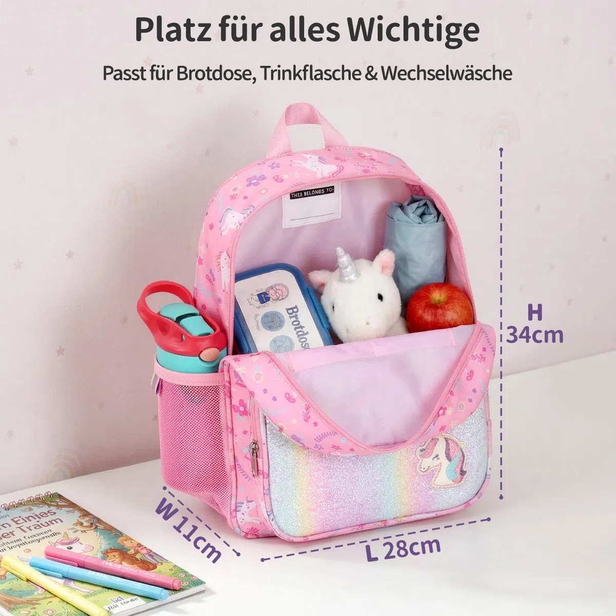Bagseri Kindergartenrucksack Mädchen 3-5 Jahre, 10L Kinderrucksack mit Brustgurt, Reflektoren & Isolierfach, Ergonomischer Kita Rucksack, Rosa Einhorn