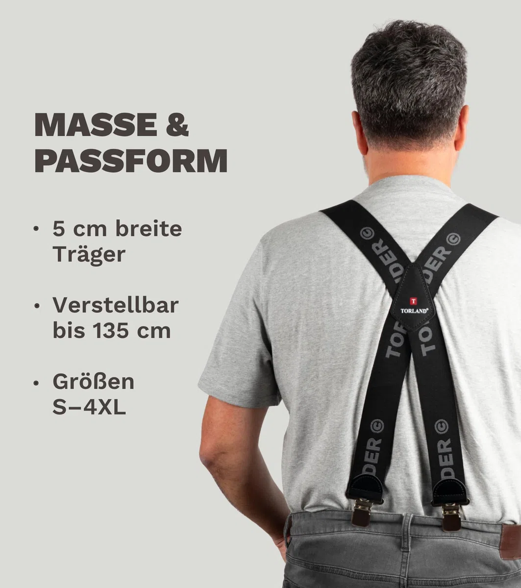 Hosenträger Herren extra stark, mit Rindsleder, 5 cm breit, für Arbeitshose, Motorradhose | 135 cm lang, verstellbar bis Körpergröße 2 m