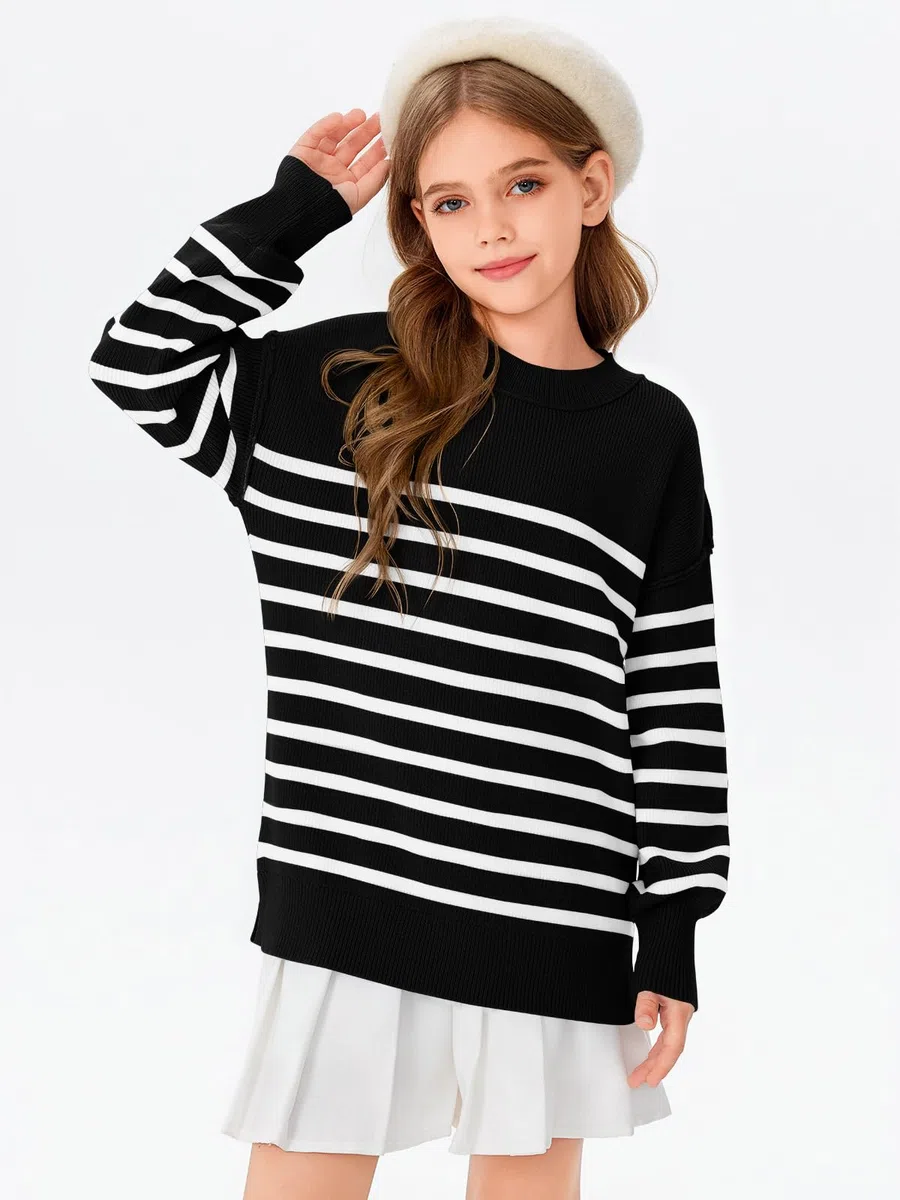 Haloumoning Pullover Mädchen Kinder Rundhals Oversized Strickpullover Herbst Winter Gestreifte Fledermausärmel Strickpulli