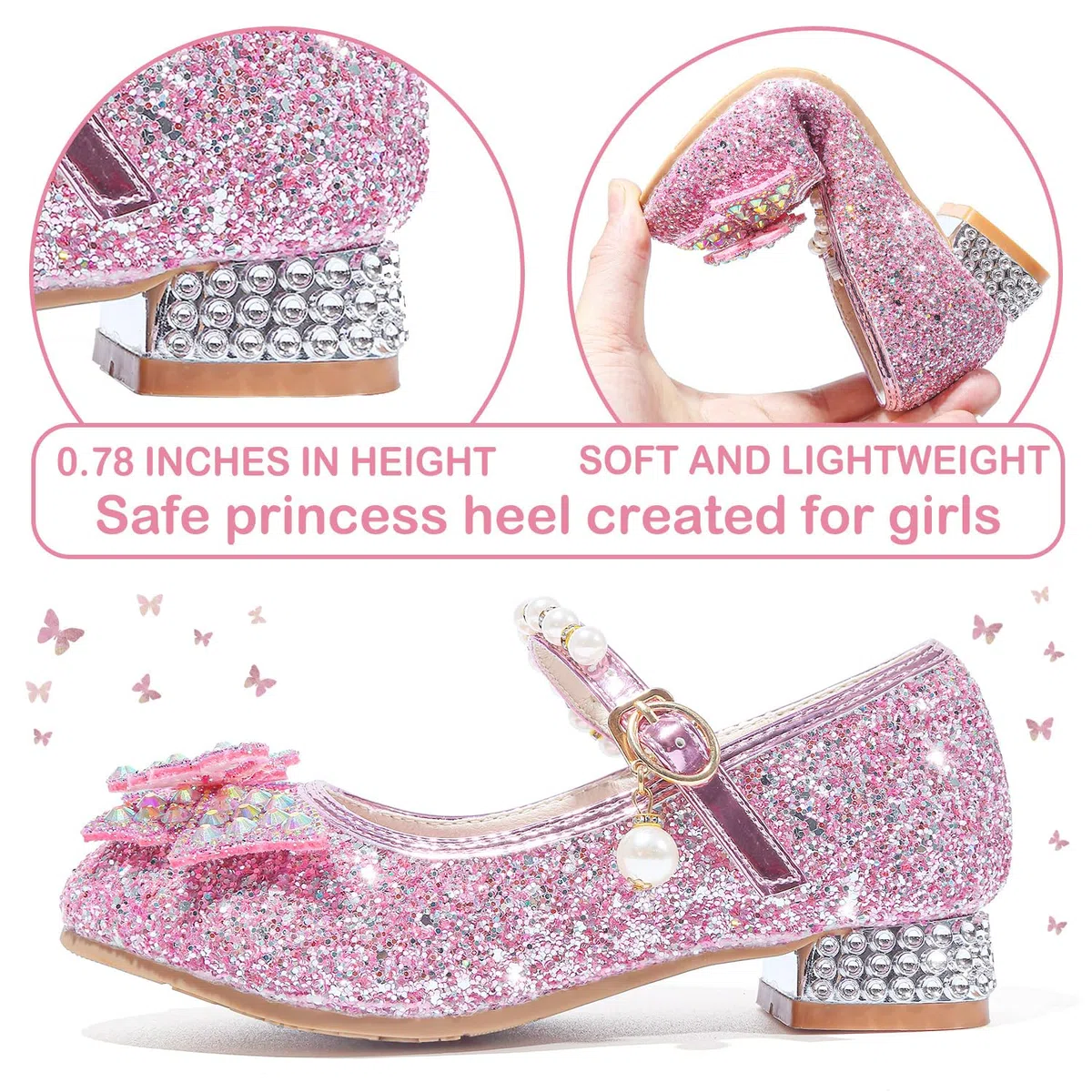 Mädchen Mary Jane Prinzessin Schuhe Ballerinas mit Absatz Glitzer Schuhe Abendschuhe Kinder Cosplay Schuhe Partys Hochzeiten Schulschuhe Rosa EU27