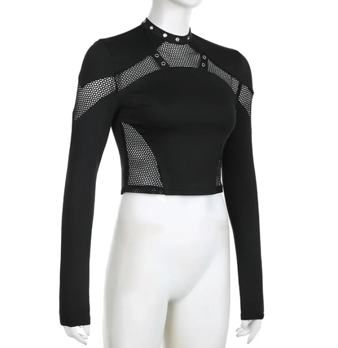 Gothic Schwarz Crop Top Chic Durchsichtiges Mesh Patchwork Volle Ärmel Dünnes Basic T-Shirt Frauen Punk Stil Genähte T-Shirts