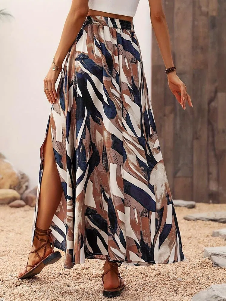 Rock Damen Lang Elegant Röcke Bedruckter Maxirock Sommerrock mit Schlitz A Linie Sommer Maxi Skirt Elastische High Waist Strandrock Freizeitrock