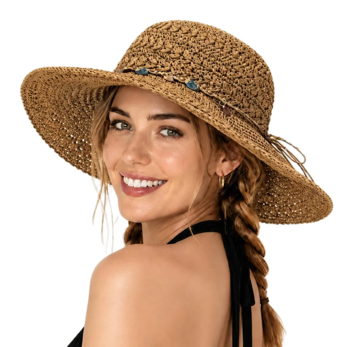 Comhats Sonnenhut Damen Sommer Strohhut Faltbar Handgemachter Strandhut UV-Schutz