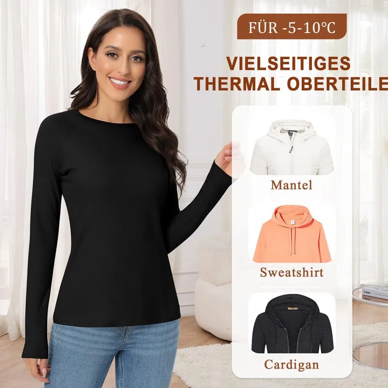 Jiuday Thermoshirt Damen Langarm Winter Thermo Oberteil Fleece Thermo Langarm Shirt mit Rundhalsausschnitt (Schwarz,2XL)