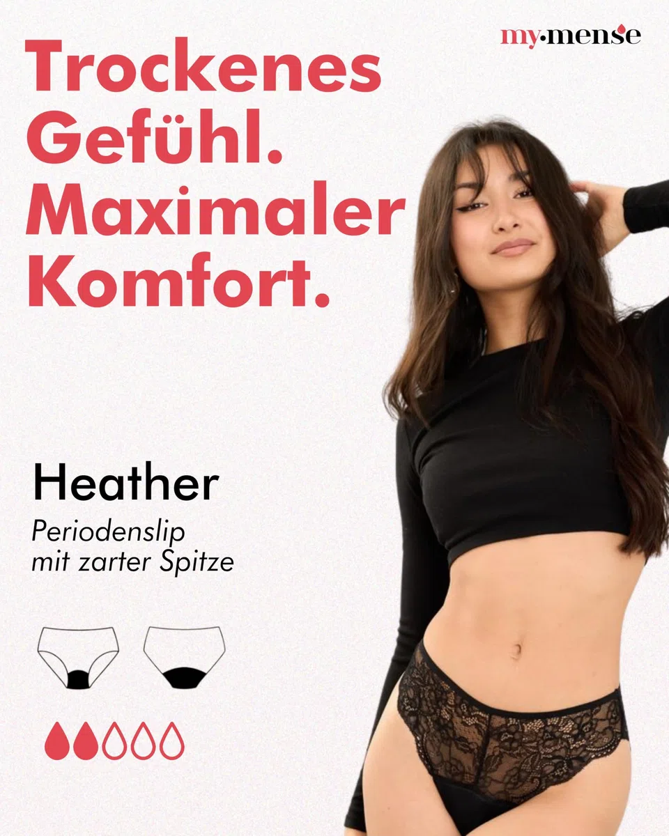 My•Mense Periodenslip Heather I Größen 30-52 I Highleg Periodenunterwäsche mit Spitze & Saugkraft bis 2 Tampons I 12h Schutz, ultradünn & auslaufsicher I Für leichte Tage