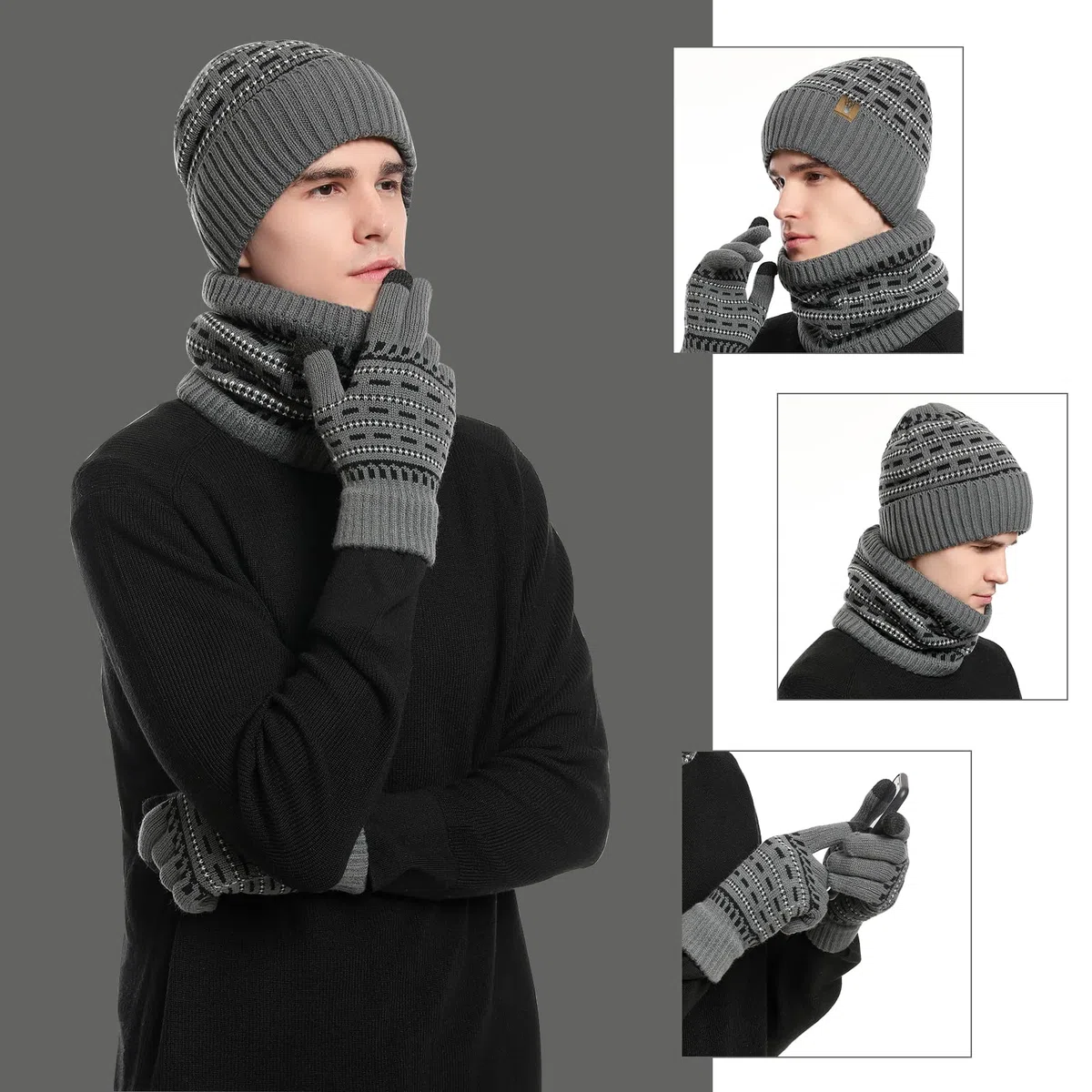 Mütze Schal Handschuhe Set für Herren Strick Wintermütze Herren Touchscreen Handschuhe und Halswärmer mit Warmes Fleecefutter