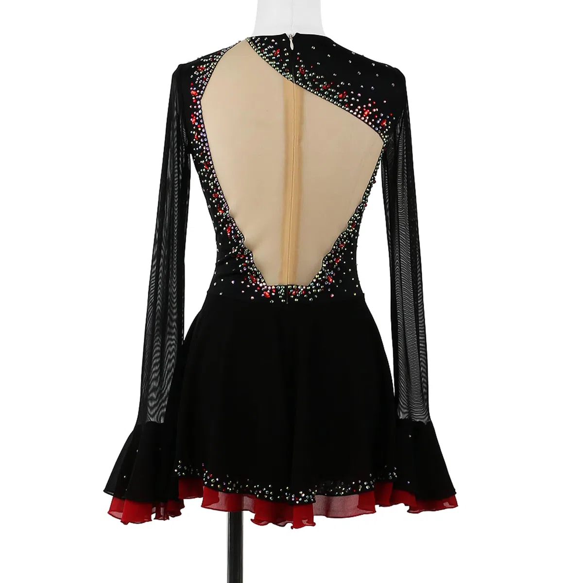 Damen Kürkleider Eiskunstlauf Kleid Mädchen Schwarz Rot Mesh Langarm Strass Kürkleid Rollkunstlauf Kinder Tanzanzug